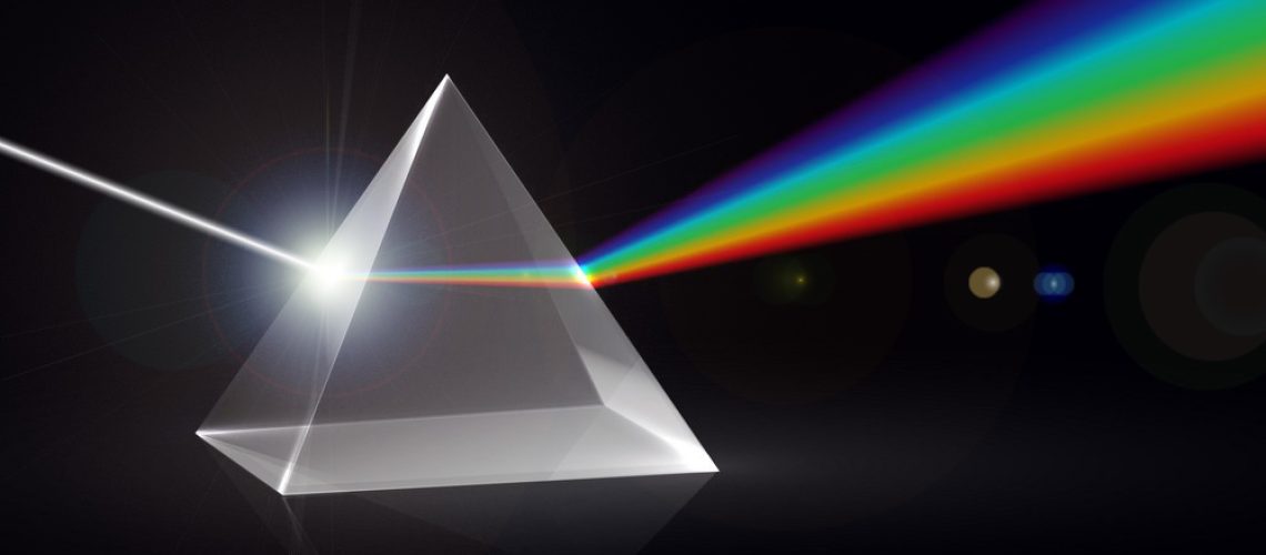 Light rays in prism. Ray rainbow spectrum dispersion optical effect in glass prism. Educational physics vector background. Illustration of prism spectrum light and rainbow refraction